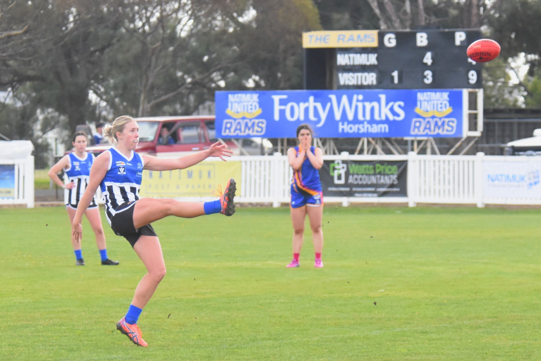 Minyip Murtoa's Stephanie Glover takes a kick at goal during her side's round-three clash with Natimuk United in the WFNL on Sunday May 31. The Burras prevailed with a 7.10 (52) to 2.7 (19) victory.