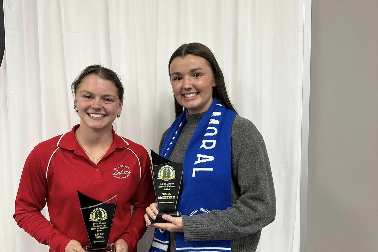 17 and under netball L-R: Runner-up Lily Weir and winner Tara McIntyre. PHOTO: HDFNL