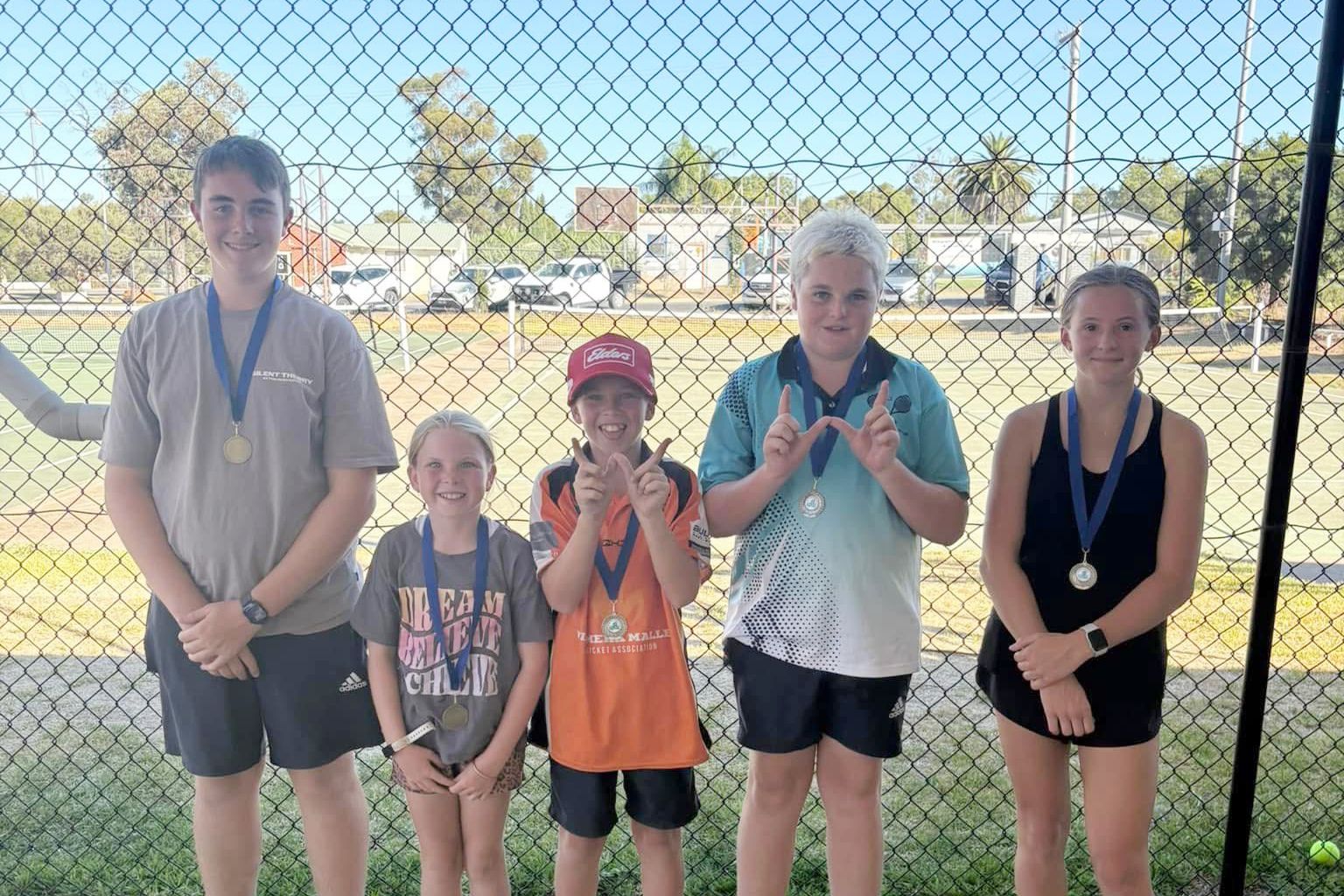 Hopetoun Tennis Club juniors Parker Hallam, Ariat Decker, Colt Decker, Lawson Hallam and Lilly Puckle at the end of last season.