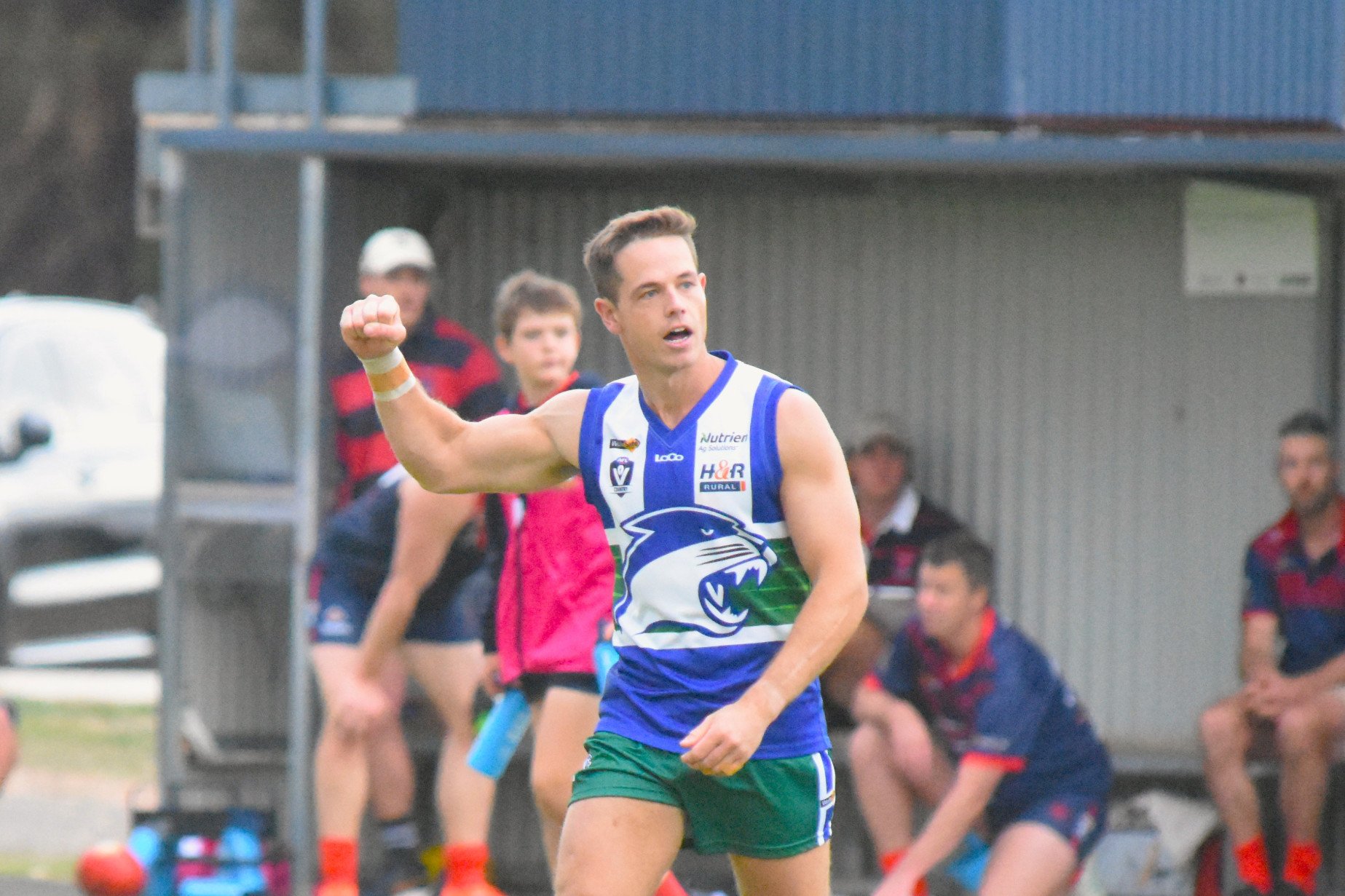 Tom Wilkinson celebrates a second-quarter goal for Kaniva Leeor during their senior football match against Laharum. The Cougars' 13.6 (84) to 5.13 (43) win saw them move into the top three.