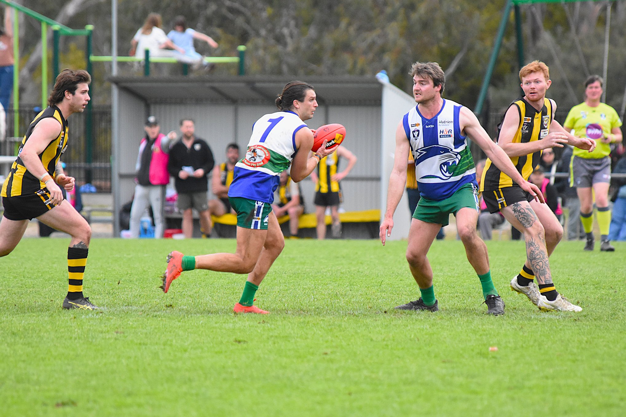 Kaniva Leeor United's Tyler Roos receives the ruck tap from teammate Hamish Bennett during the side's elimination final against Pimpinio. Roos was one of the team's best as the Cougars prevailed 13.8 (86) to 11.9 (75).