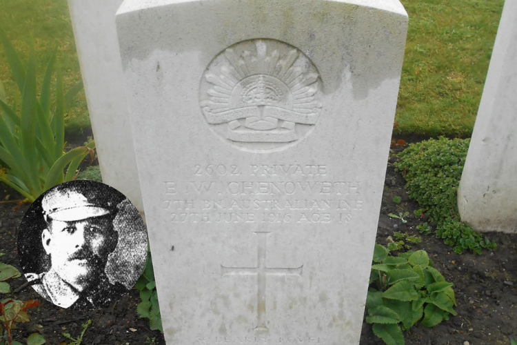 Headstone of Edgar William Chenoweth in the Berks Cemetery Extension, Belgium. Studio portrait of Edgar Chenoweth's older brother, Oscar Albert Chenoweth (inset), circa July 1916.