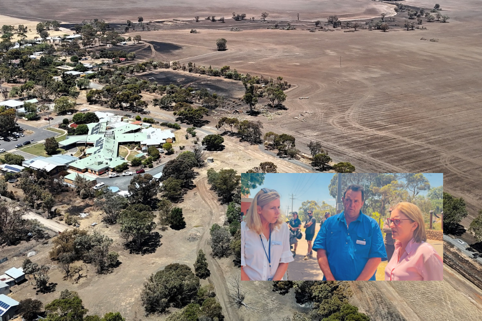 An aerial photo of Natimuk shows the devastation of the January 9 Grass Flat Fire. Inset: Horsham Rural City Council chief executive Gail Gatt and mayor Brian Klowss speak with Victorian premier Jacinta Allan during her visit to the fire-affected area on January 12.