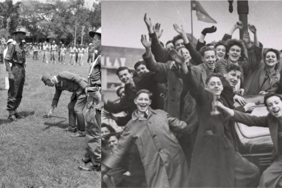 Left image: Major General Unom, Imperial Japanese Army, commanding the Japanese Forces in the area, lays his sword at the feet of Lieutenant Colonel Ewan Robson, commanding officer, 2/31st Infantry Battalion, during the Japanese surrender ceremony on the local sports ground in Borneo. September, 1945. Right image: Crowd of people celebrating the news of Japan's surrender on Elizabeth Street, Melbourne.