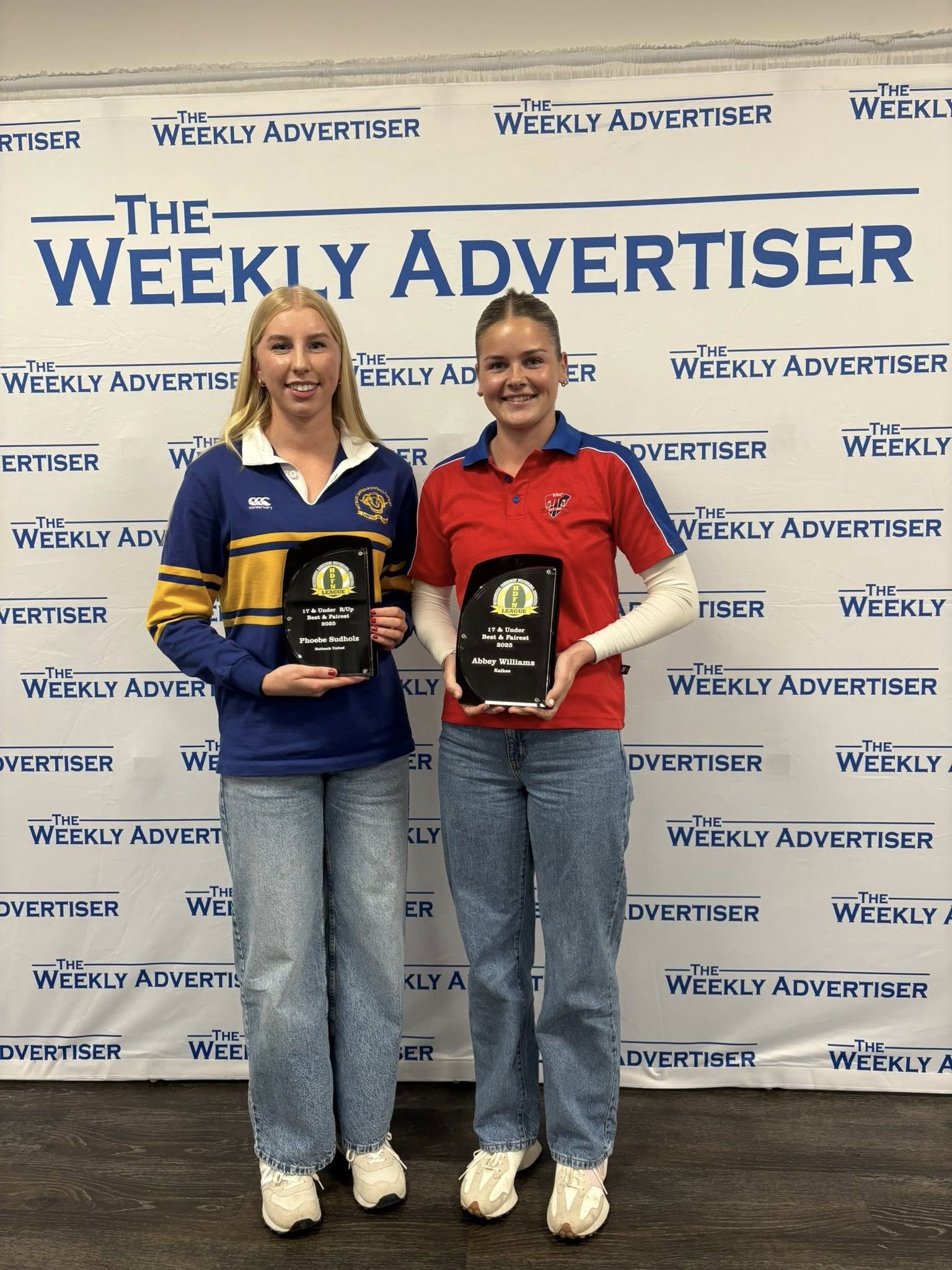 HDFNL under 17s netball best and fairest runner-up Phoebe Sudholz (Natimuk United) and winner Abbey Williams (Kalkee).